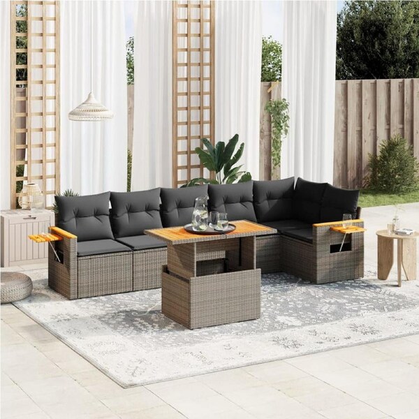 7 Piece Garden Sofa Set with Cushions Grey Poly Rattan vidaXL