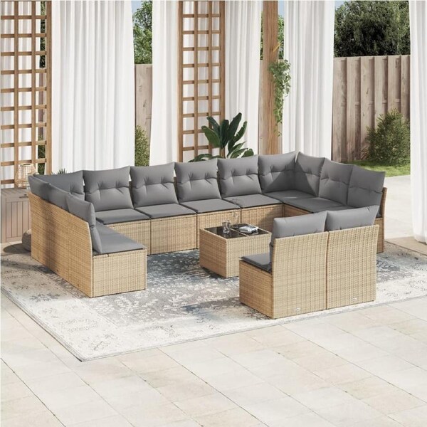 13 Piece Garden Sofa Set with Cushions Beige Poly Rattan vidaXL