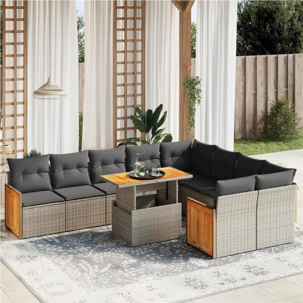 10 Piece Garden Sofa Set with Cushions Grey Poly Rattan vidaXL