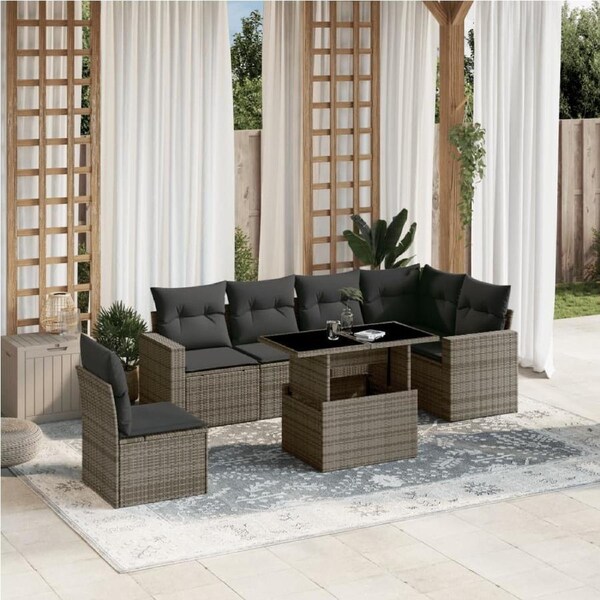 7 Piece Garden Sofa Set with Cushions Grey Poly Rattan vidaXL