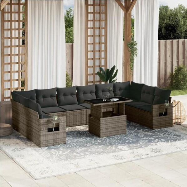 11 Piece Garden Sofa Set with Cushions Grey Poly Rattan vidaXL