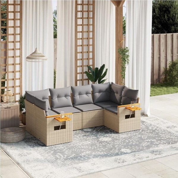 6 Piece Garden Sofa Set with Cushions Beige Poly Rattan vidaXL