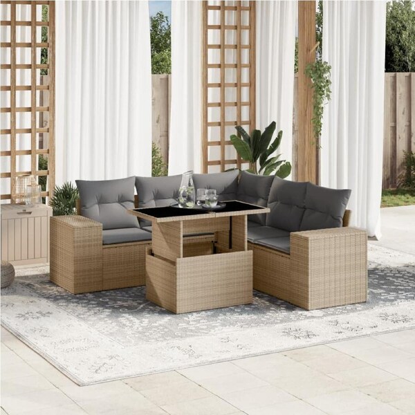 6 Piece Garden Sofa Set with Cushions Beige Poly Rattan vidaXL