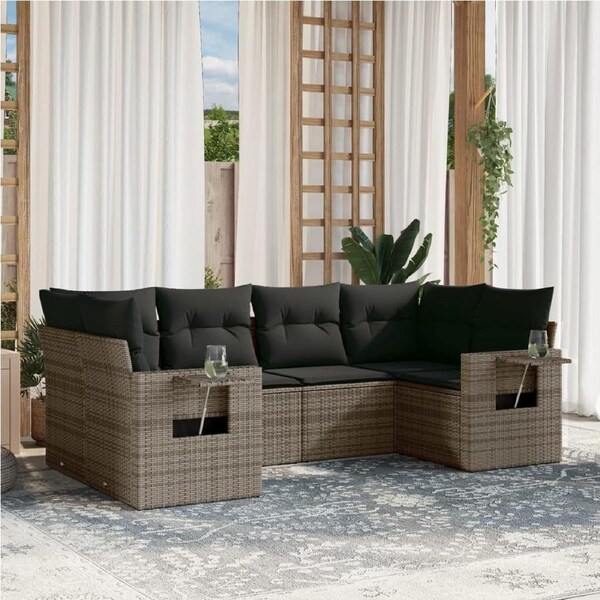 6 Piece Garden Sofa Set with Cushions Grey Poly Rattan vidaXL