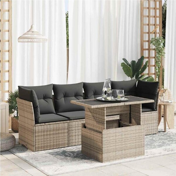 5 Piece Garden Sofa Set with Cushions Grey Poly Rattan vidaXL