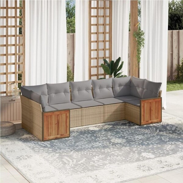7 Piece Garden Sofa Set with Cushions Beige Poly Rattan vidaXL