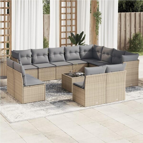 13 Piece Garden Sofa Set with Cushions Beige Poly Rattan vidaXL