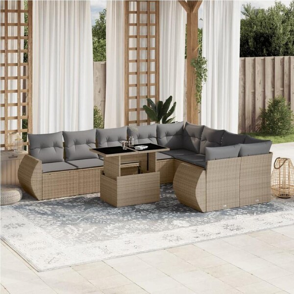 10 Piece Garden Sofa Set with Cushions Beige Poly Rattan vidaXL