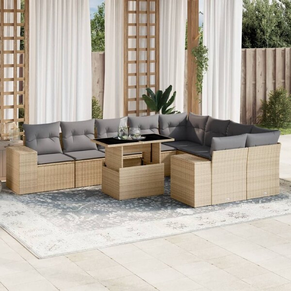 10 Piece Garden Sofa Set with Cushions Beige Poly Rattan vidaXL