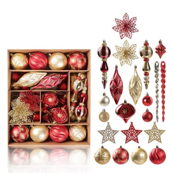 Catzon 70 Pcs Xmas Tree Ornaments Assorted Shapes for Holiday Party Decor-Red Gold