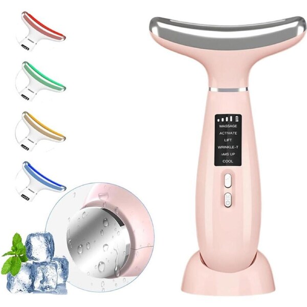 Catzon Facial Neck Massager Hot Cold with 4 Color LED Therapy for Skin Care Pink