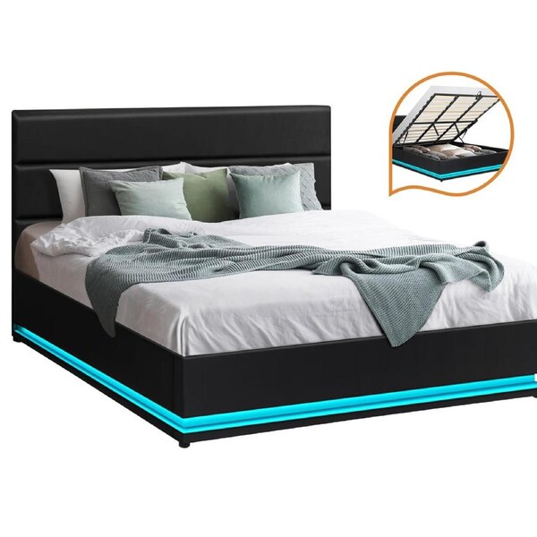 Oikiture Bed Frame Queen Double King Size RGB LED Gas Lift Base With Storage King