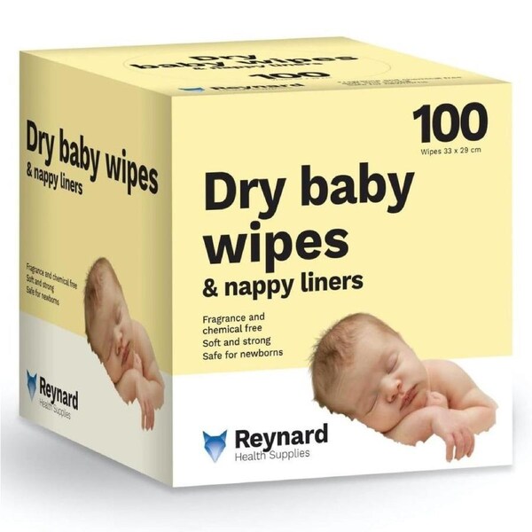 Reynard Health Supplies Ultra-Soft Dry Baby Wipes, Chemical & Fragrance Free, White, 33 x 29 cm, 100 Count