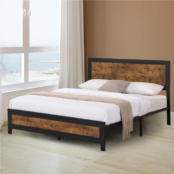 Levede Industrial Bed Frame, Double/Queen Size, Wooden Base with Optional 4 Storage Drawers Double
