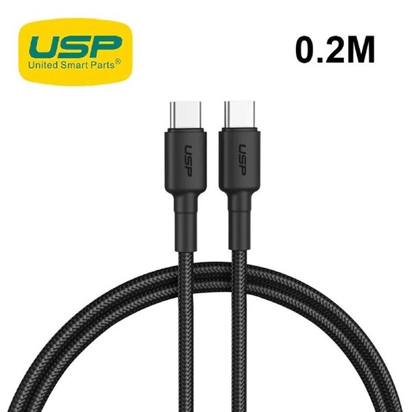 USP BoostUp Braided USB-C to USB-C Cable(0.2M) Black-3A Fast & Safe Charge,Strong & Durable,Samsung Galaxy,Apple iPhone,iPad,MacBook,Google,OPPO,Nokia