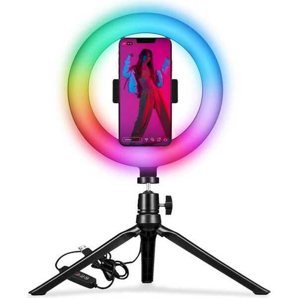 Celly RGB Selfie Ring Led Light w/ Mobile Phone Holder/Tripod Stand Black