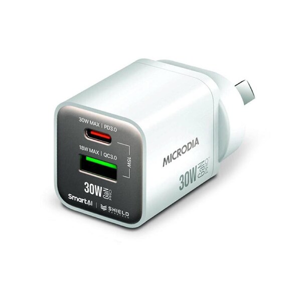 Microdia SmartCube Nano 30W Dual Port GaN USB-A USB-C Wall Charger Adapter White