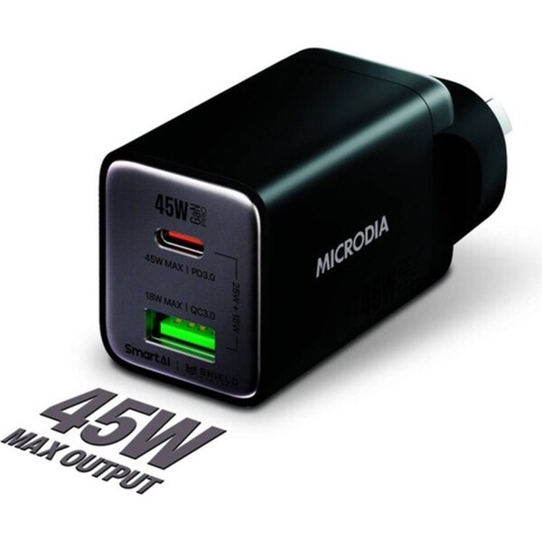 Microdia SmartCube Nano 45W Dual Port GaN Wall Charger Adapter Plug Black