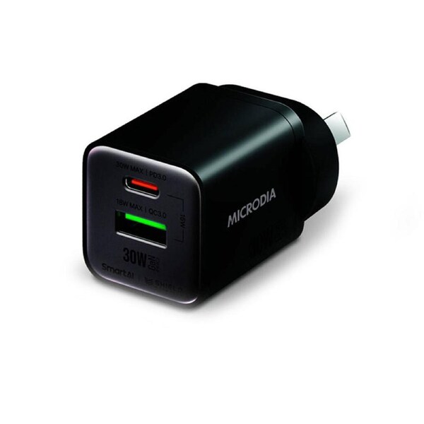 Microdia SmartCube Nano 30W Dual Port GaN USB-A USB-C Wall Charger Adapter Black