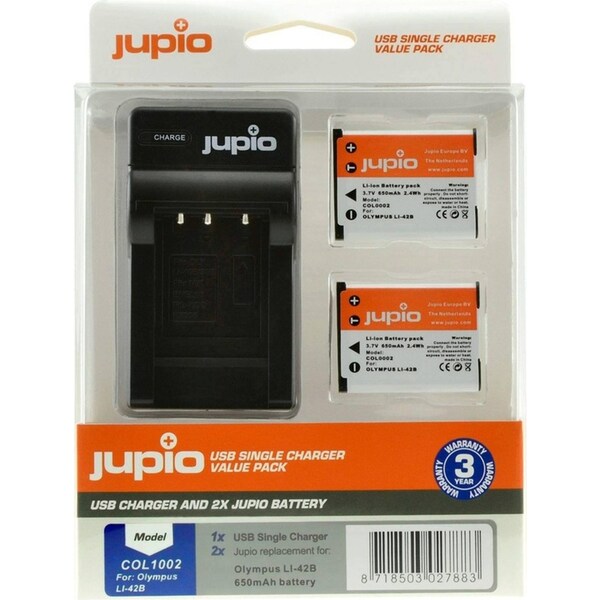 Jupio 2x Battery 650mAh & USB Single Charger For Olympus Li40B/DLi63/EN-EL10