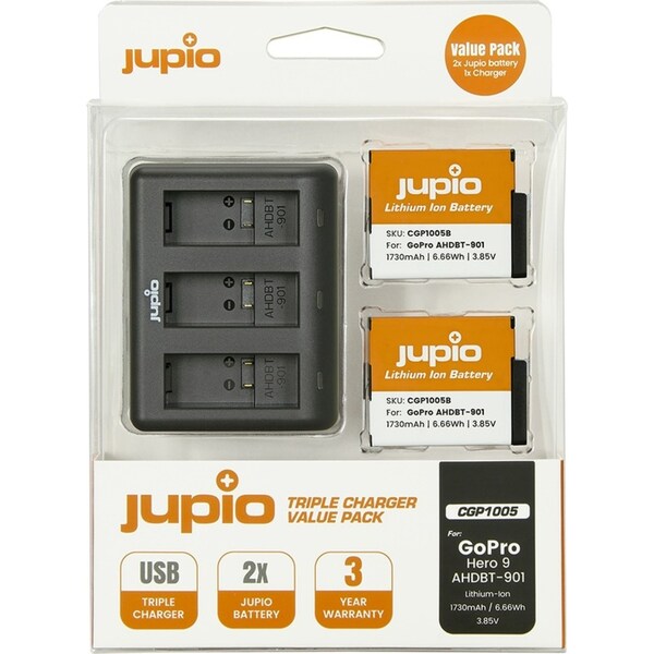 Jupio 2x Batteries 1730mAh & USB Triple Charger Kit For GoPro Hero 9/10