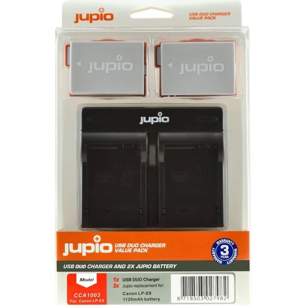 Jupio 2x Batteries 1120mAh & USB Dual Charger Adapter Kit For Canon LP-E8