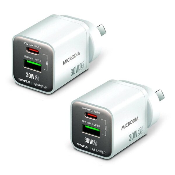 2x Microdia SmartCube Nano 30W Dual Port GaN USB-A USB-C Wall Charger Adapter WH