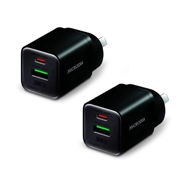 2x Microdia SmartCube Nano 30W Dual Port GaN USB-A USB-C Wall Charger Adapter BK
