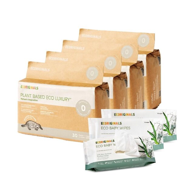 Ecoriginals Eco Bundle 4 X 30 Pack Nappies Newborn 0-4.5kg + Free 3 X 70 Pack Plant Based Baby Wipes Purified NZ Water