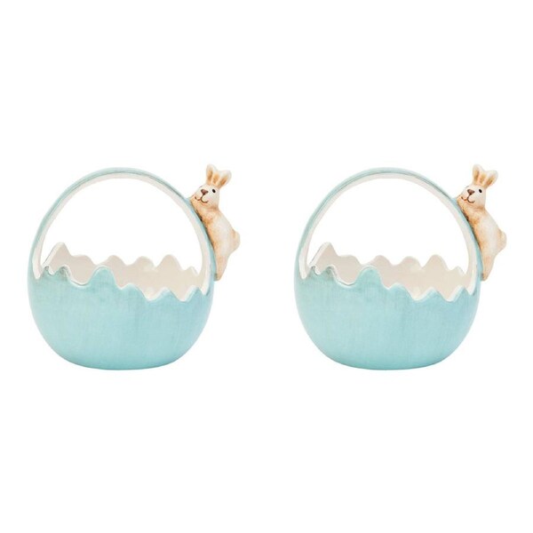 2x Annabel Trends Ceramic Bunny Basket Festive Easter Egg Holder Sml 8.5cm Blue