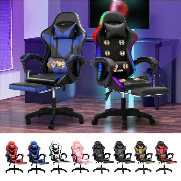 Oikiture Massage Gaming Chair Lumbar Support Height Adjustable Swivel Seat Headrest for Office Gaming Model 1-Black & Blue (NO LED)