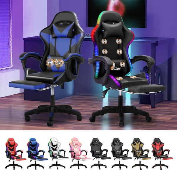 Oikiture Massage Gaming Chair Lumbar Support Height Adjustable Swivel Seat Headrest for Office Gaming Model 2-Black (LED)