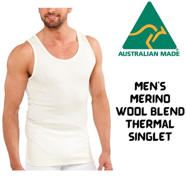 Mens Thermal Singlet Sleeveless Top Merino Wool Blend AUS MADE Thermals Small (90cm)