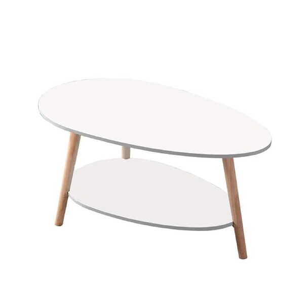Catzon White Coffee Table-Oval Wooden with Open Shelving for Home Office