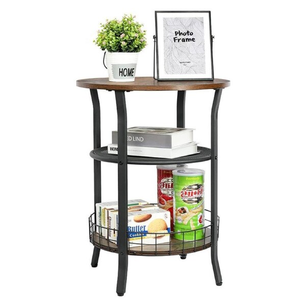Catzon Industrial Round Side Table with Storage for Living Room Bedroom