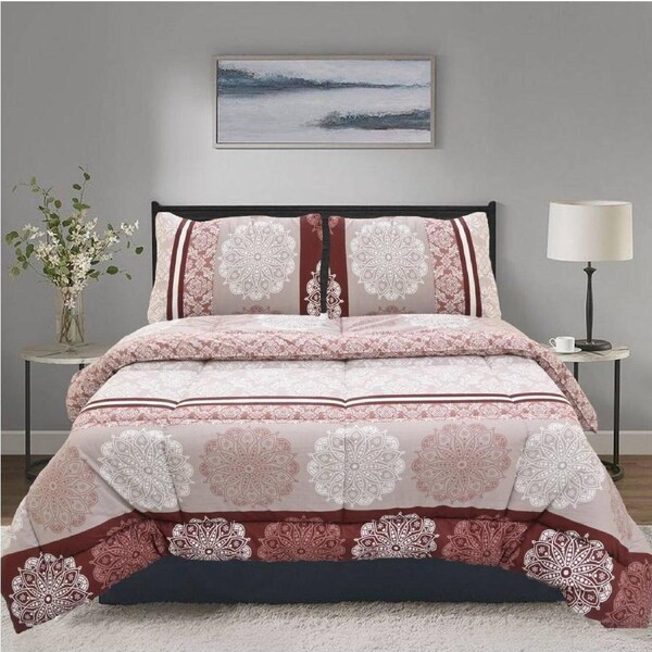 Queen Comforter Set with 2 Pillow Cases in Maroon Floral
