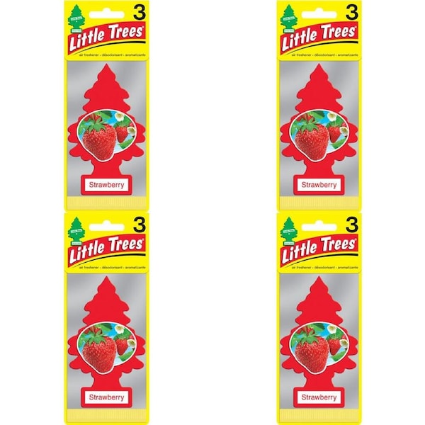 4x Little Tree 3 Pack Strawberry Car Air Freshener Long-Lasting Scent 12x4cm