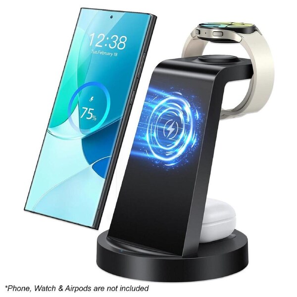 3 in 1 Wireless Charging Station for Samsung Galaxy Watch 6 5 4 3 Pro Classic Galaxy Buds and other Android Phones Black