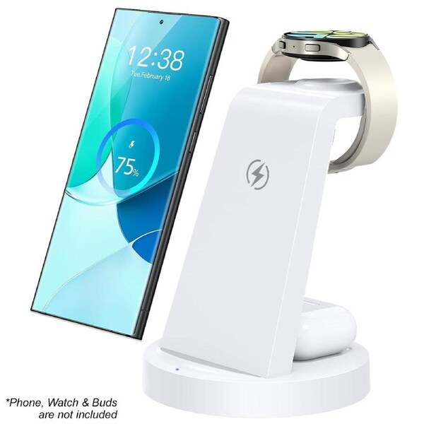 3 in 1 Wireless Charging Station for Android Samsung S24 Ultra S23 S22 S21 S20 Note 20 10 Z Fold Galaxy Watch Buds White