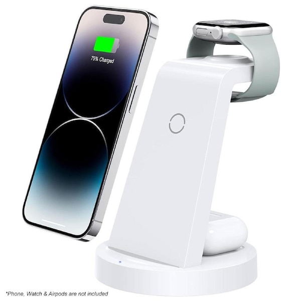 3 in 1 Wireless Charging Station for iPhone 16 15 14 13 12 11 X Pro Max Apple Watch and AirPods CW350 White