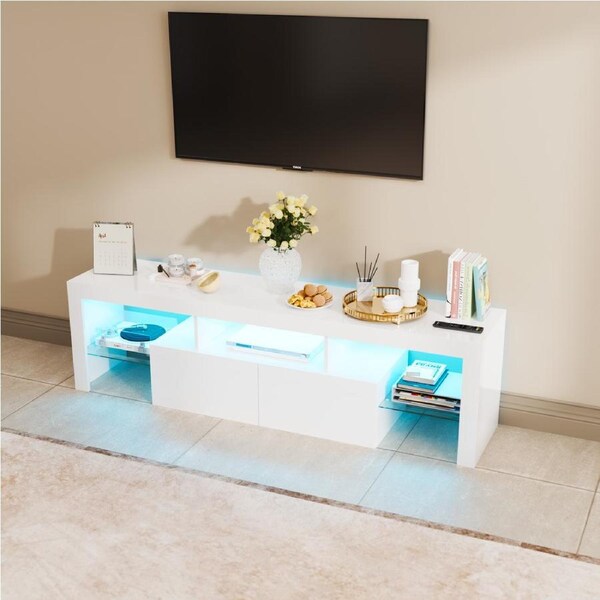 Advwin 160cm LED TV Unit Entertainment UV Gloss TV Cabinet Stand 2 Doors & Shelves White