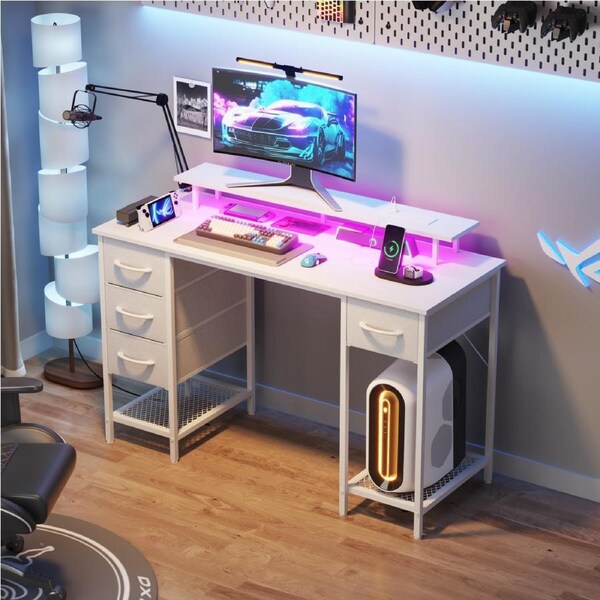 Advwin Gaming Desk 120cm w/ RGB LED Lights & Power Outlets Computer Desk w/ Drawers & Monitor Stand White