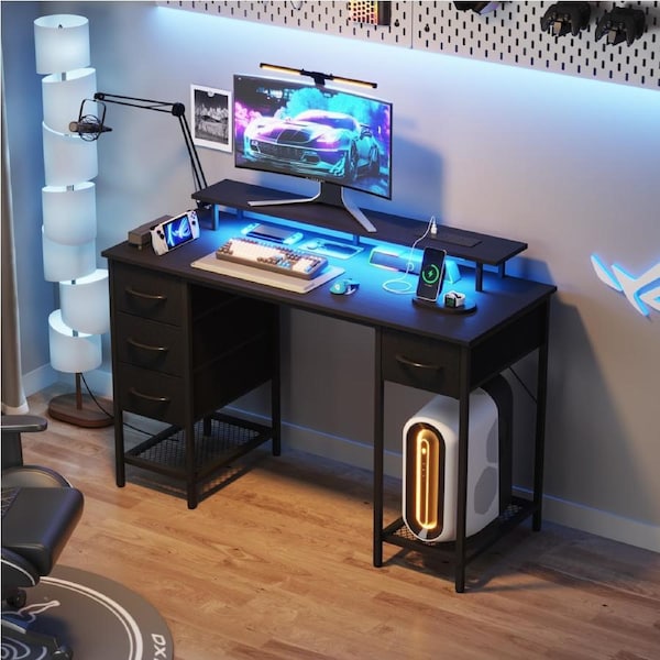 Advwin Gaming Desk w/ RGB LED Lights & Power Outlets 137cm Computer Desk w/ Drawers & Monitor Stand Black