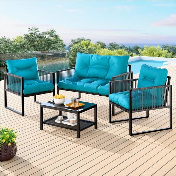 ALFORDSON 4PCS Outdoor Furniture Lounge Sofa Set Wicker Furniture Table and Chairs Garden Blue
