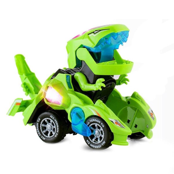 Catzon Transforming Dinosaur Car Toy with Light & Music for Toddlers 3+ Green