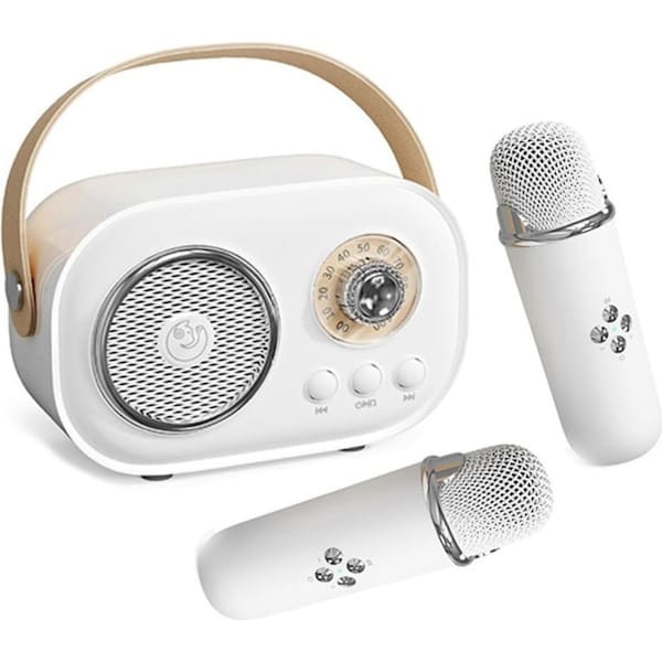 Catzon C20 Mini Karaoke Machine Retro Radio Bluetooth Speaker With 2 Wireless Microphone for Home Party-White