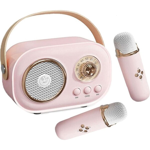 Catzon C20 Mini Karaoke Machine Retro Radio Bluetooth Speaker With 2 Wireless Microphone for Home Party-Pink