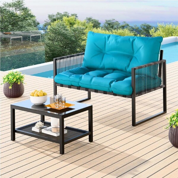 ALFORDSON 2PCS Outdoor Lounge Sofa Set Wicker Furniture Table and Chairs Garden Blue