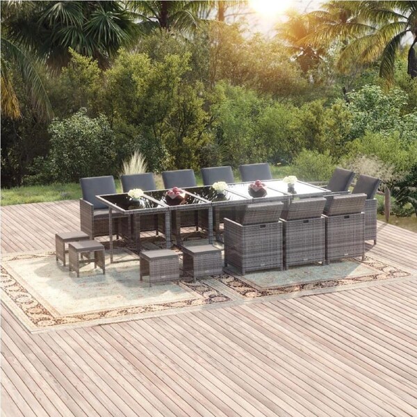 15 Piece Garden Dining Set with Cushions Poly Rattan Grey vidaXL