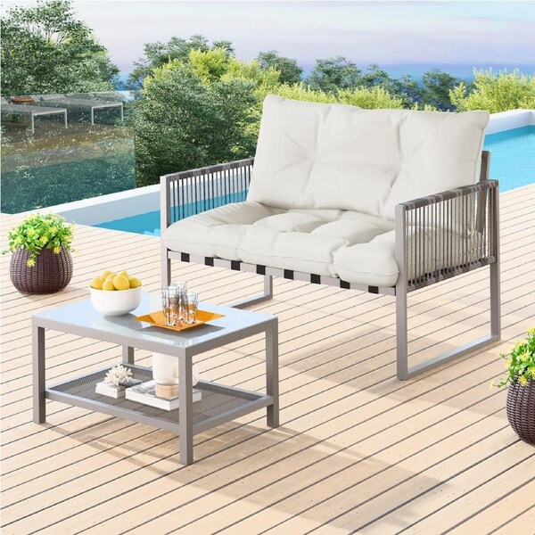 ALFORDSON 2PCS Outdoor Lounge Sofa Set Wicker Furniture Table and Chairs Garden Beige